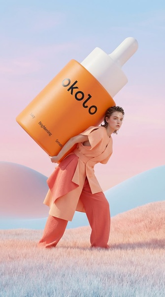A visually striking ad featuring a model carrying a giant, oversized bottle of brightening serum against a dreamy, pastel-toned dreamscape.